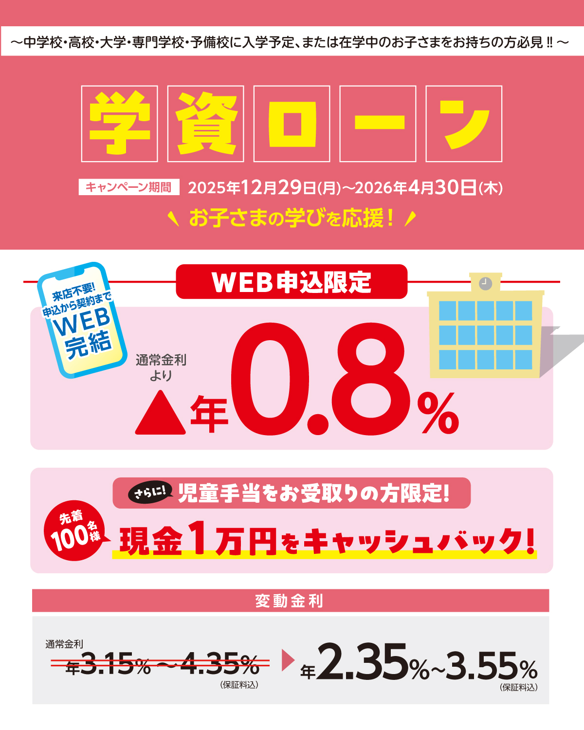 もみじ銀行学資ローン　お子さまの教育資金を幅広くサポート
